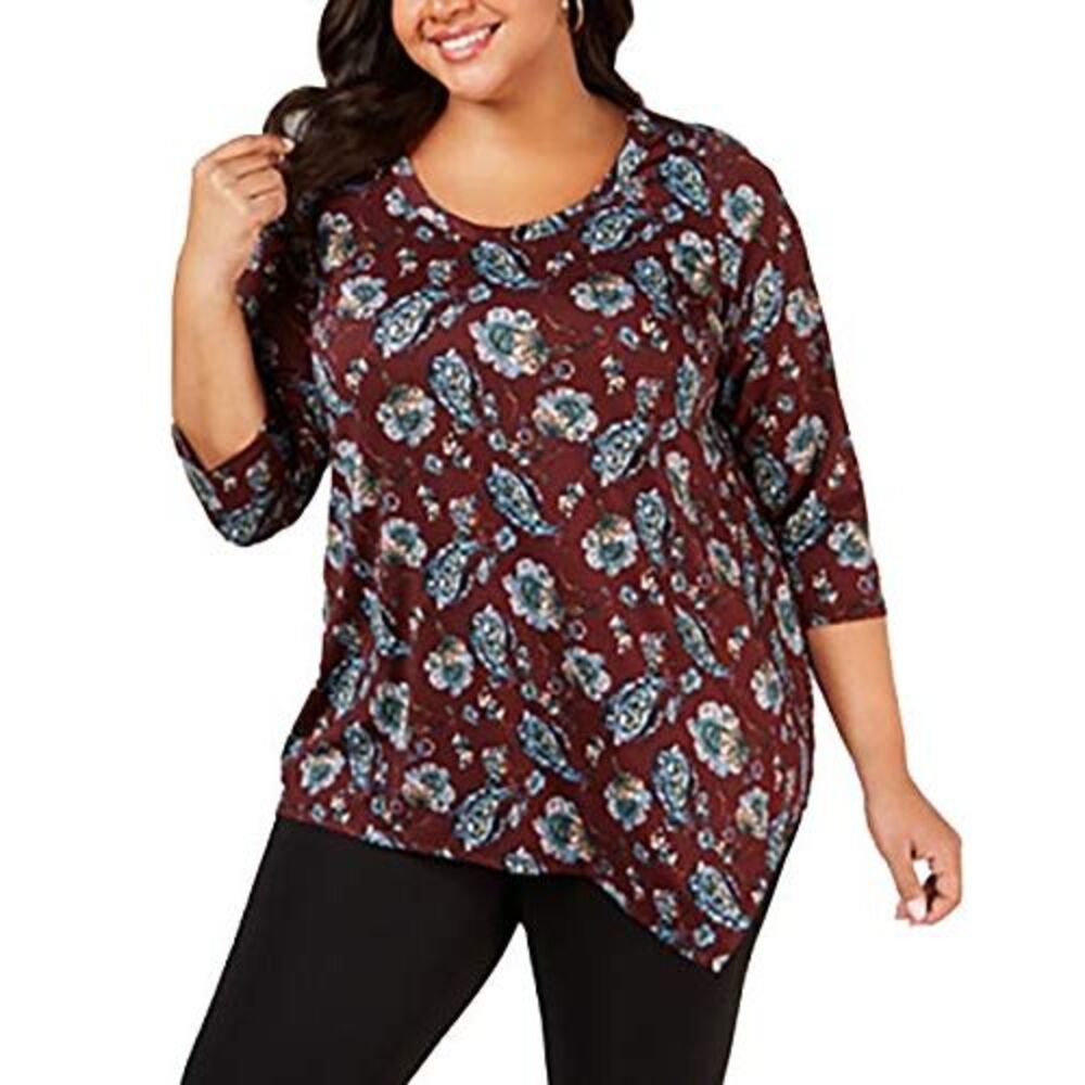 NY Collection Plus Size Printed Asymmetrical-Hem Top